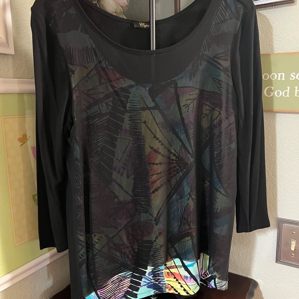 Cupio Black Multicolor Abstract Layered 3/4 Sleeve Top Large #001